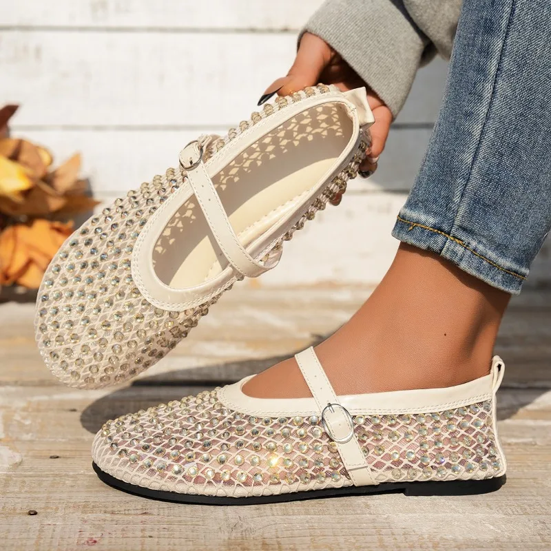 

Fashionable Water Diamond Women Sandals Hollow Summer 2025 New Flat Shoes Mesh Breathable Single Shoes Lightweight Casual Shoes