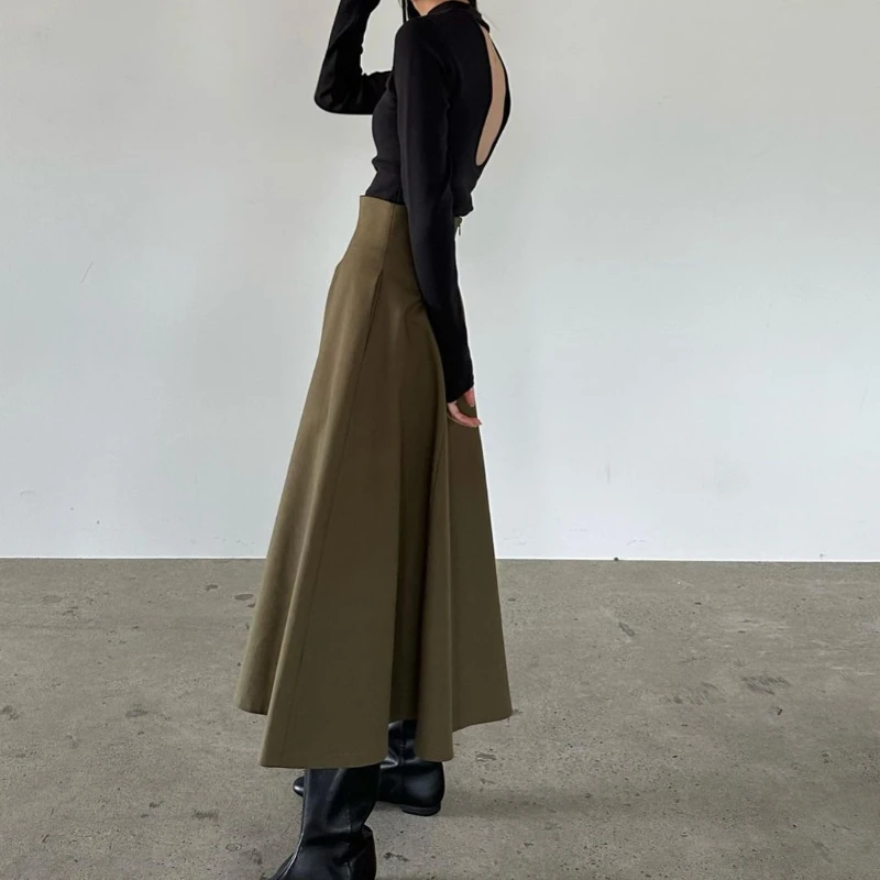 A-line Vintage Temperament Woman Skirts High Waist Slim Fit Simple Skirt Japan Literary Style Mid-length Ruched Mujer Faldas