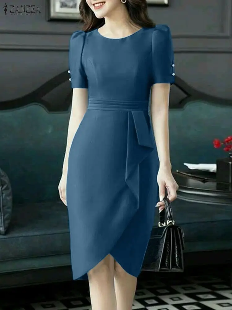 

ZANZEA Women Elegant Bodycon Party Dresses Trendy O-Neck Short Puff Sleeve Ruffled Trim Detail Knee-Length Dress Woman Clothes