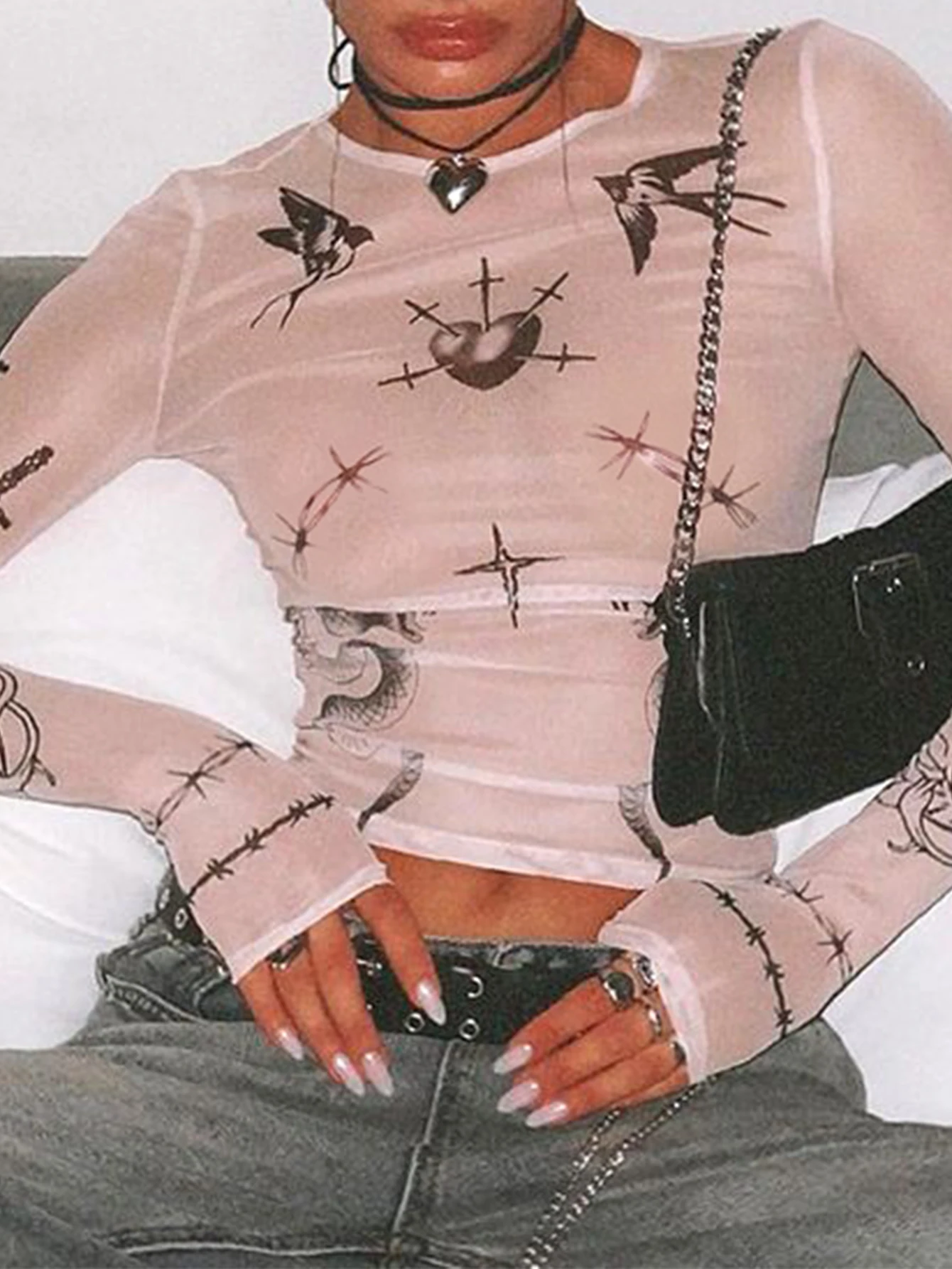 

Женская футболка с принтом змеиного сердца в стиле панк, с длинным рукавом и круглым вырезом, облегающая уличная одежда, осень