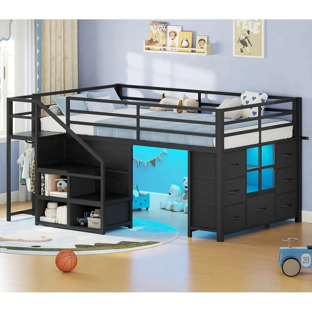 

Двухъярусная кровать Twin Size с низким каркасом, лестницей, светодиодной подсветкой, 7 ящиками, 3 открытыми полками, вешалкой для одежды, защитным бортиком, игровой зоной под кроватью, черная