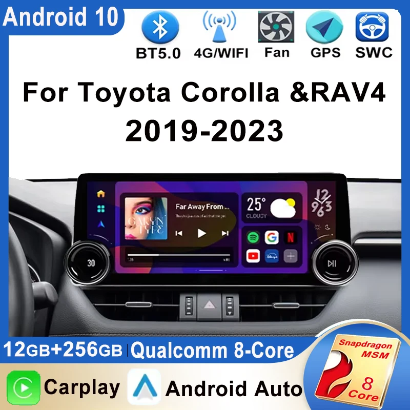 12.3 Inch Carplay+Auto Car Radio Stereo For Toyota Corolla & RAV4 Rav 4 2019 2020 2021 2022 Car Multimedia Video Player GPS Navi