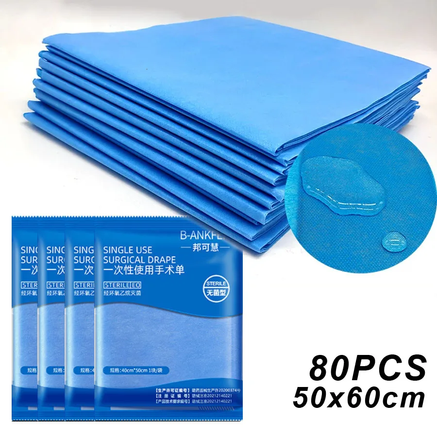 80pcs Disposable Surgical Drapes Surgical Sheet Non-woven Sterile Sheet 50*60cm Blue Surgical Towel Waterproof Travel Mat