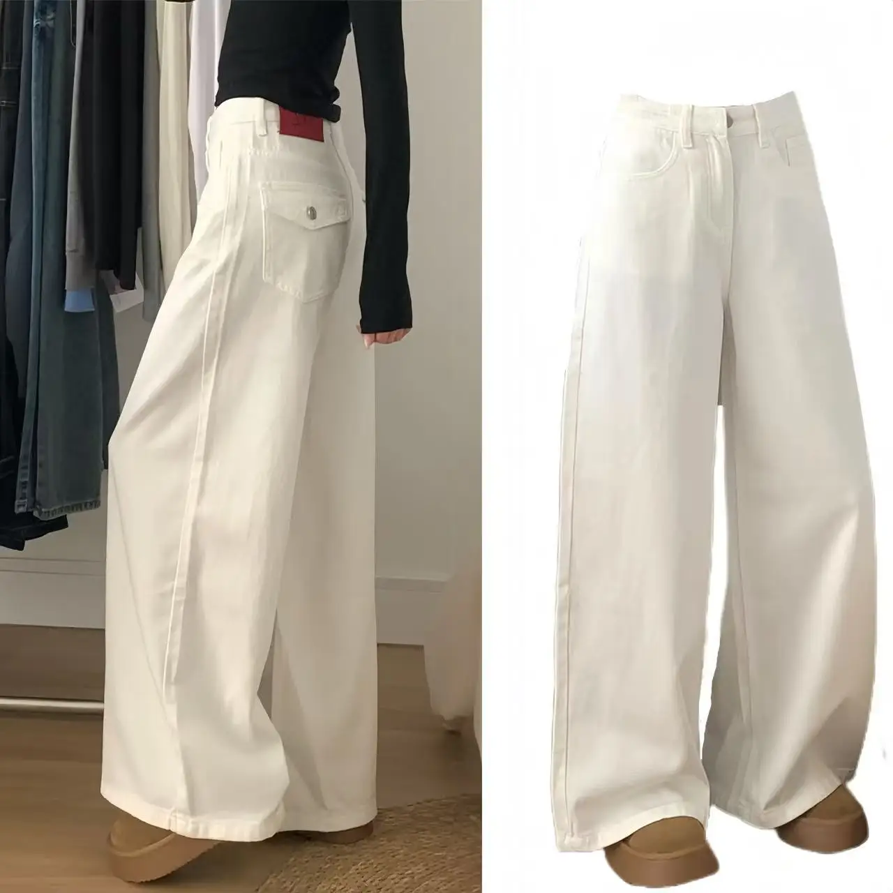 جينز أبيض واسع الساق للنساء عالي الخصر فضفاض مستقيم طويل السراويل الخريف جديد Sle التخسيس كسول Sle ثنى الطابق طول