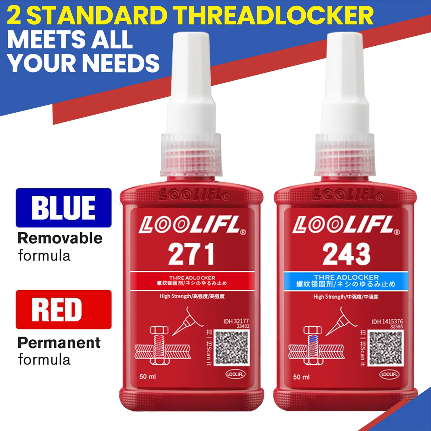Colle anaérobie 243 271 50ml pour verrous de vis, anti-desserrage, fixation rapide, agent de blocage de filetage, scellant pour vis