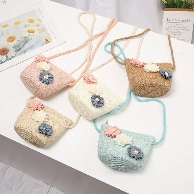 2025 Girl's Crossbody Bag Floral Rattan Mini Shoulder Bag Summer Straw Beach Bag Kid's Casual Messenger Bags Children Handbag