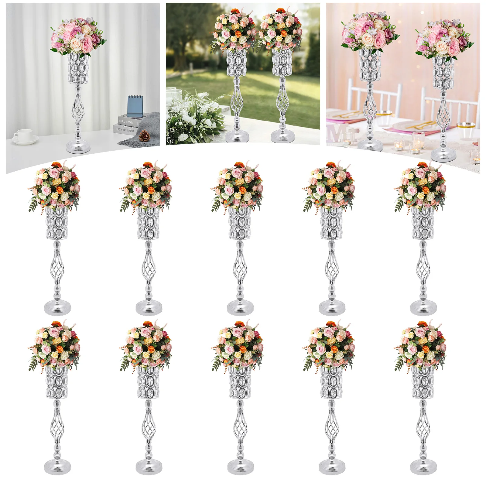 10pcs Iron Flower Vases,61cm Gold Silver Tabletop Vase for Centerpiece