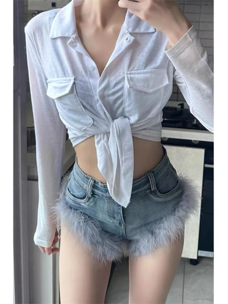 อเมริกันเซ็กซี่สูงเอวกางเกงยีนส์Bodyconฤดูร้อนVINTAGEล้างDENIMกางเกงผู้หญิง 2025 ใหม่ตรงสั้นกางเกง