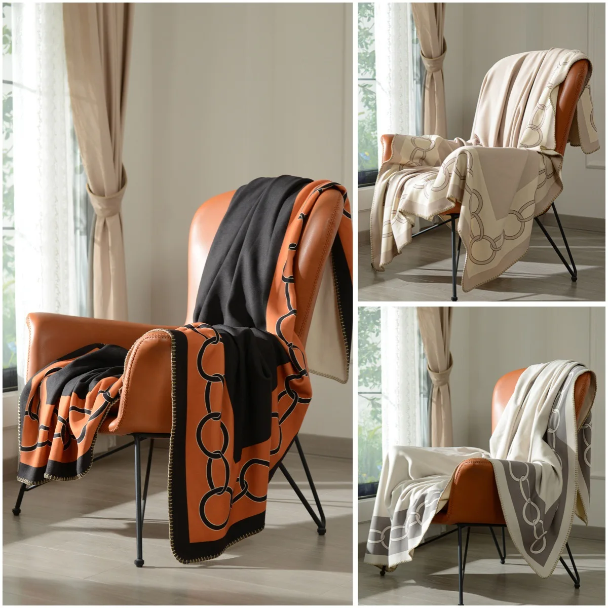 Cobertor de malha geométrica de corrente, colcha laranja de luxo, decorativo moderno para sofá, lance quente, sala de estar, cama, decoração de casa