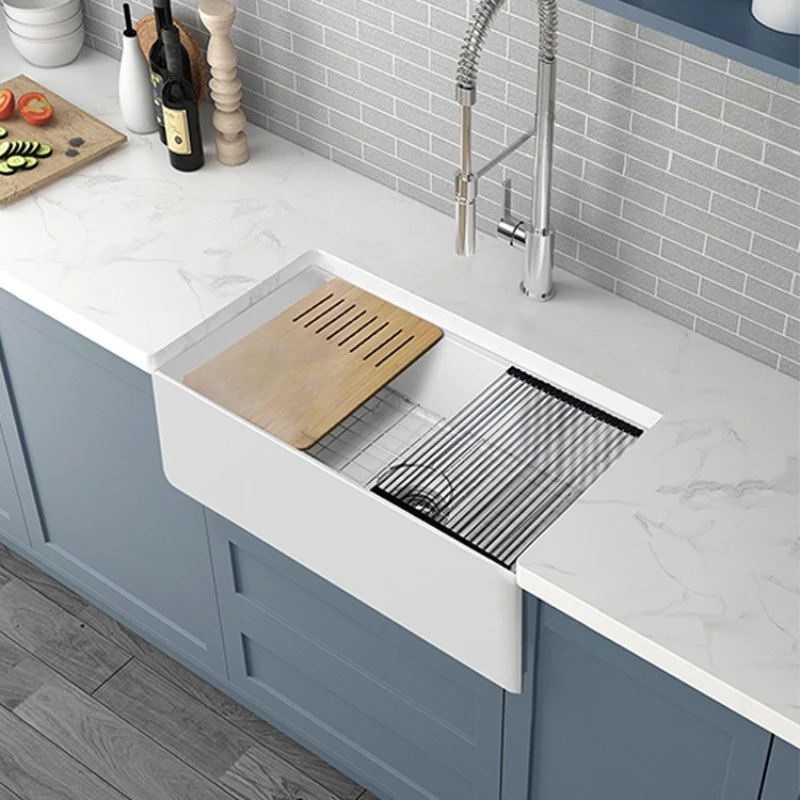 

Modern simple American ceramic semi-embedded vegetable basin, step sink large single slot