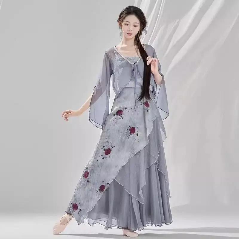 [エレガントなガーゼスカート]女性用の新しいクラシックダンス衣装、エレガントなシフォンドレス、ワンピースシフォンスカートパンツ、中国風