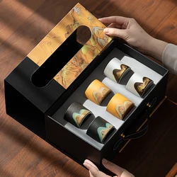 MULTIPOTENT tea cup hand-painted landscape painting three-color kung fu tea cup cultural and creative master cup 6-cup set (black and white brown)