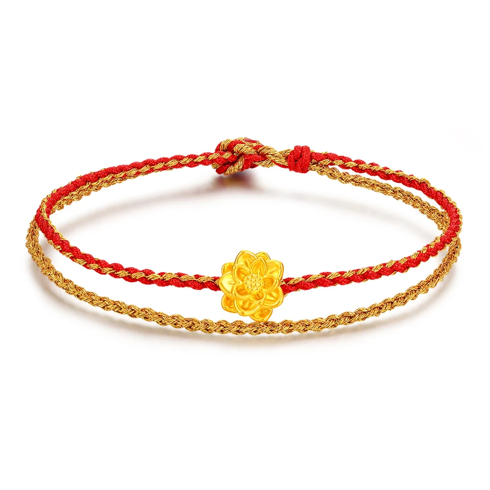 New Pure 24k Yellow Gold Knitted Bracelet 3D Lotus Flower Bead For Women Gift