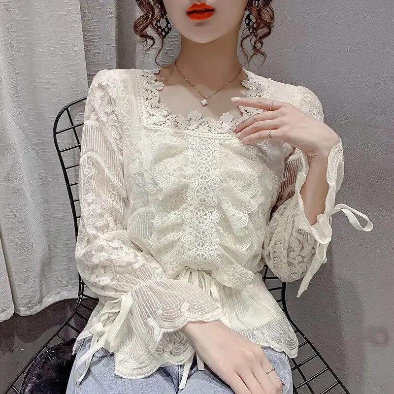 Elegant Fashion Square Collar Thin Blended Shirts Lace Solid Lantern Sleeve Spring Pullovers Women's Clothing Popularity L174