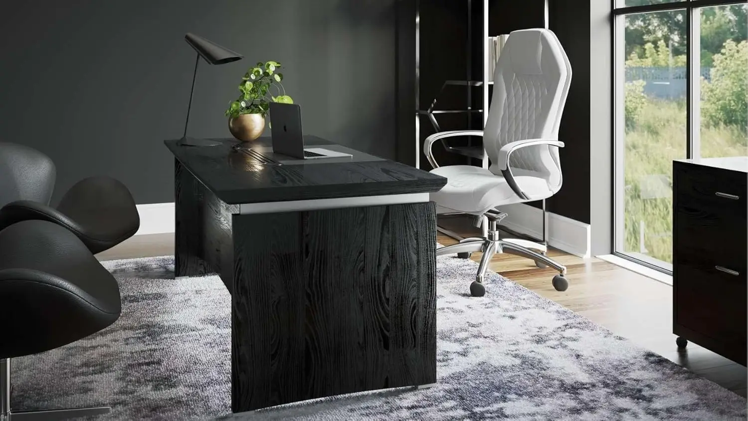 Black American Oak Wood Veneer with Open Grain Finish Integrated Black Faux Leather Desktop Writing Pad with Wire Management