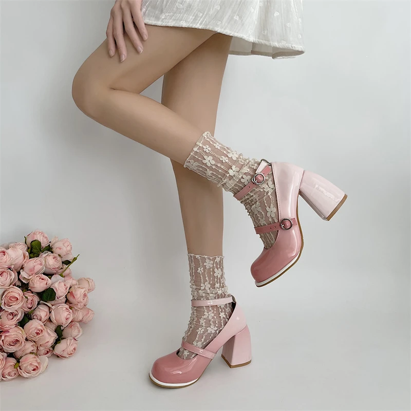 Y2K Patent Leather High Heels Pumps Women 2023 Autumn Ankle Straps Pink Lolita Shoes Woman Cute Thick Heeled Mary Janes Shoes