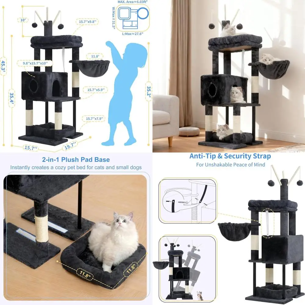 

Кошачья лежанка-башня высотой 45,3 дюйма с платформой, кроватью, домиком, гамаком, когтеточками и помпонами, цвет дымчато-серый