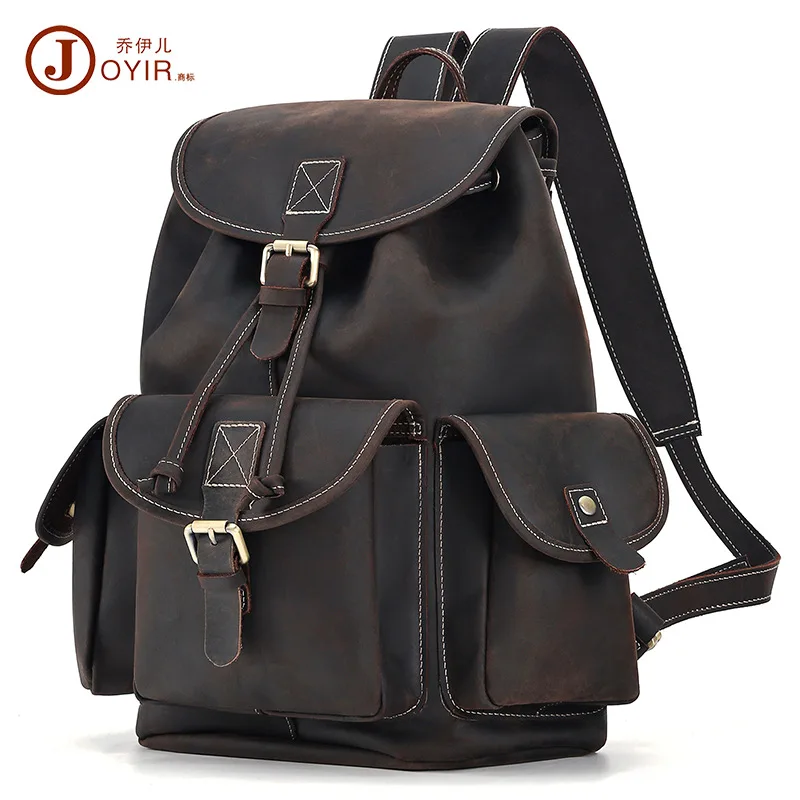 

European and American Retro Crazy Horse Leather Men's Bag Backpack Flap Drawstring Men's Traveling Bag Leather Backpack Men's Ne