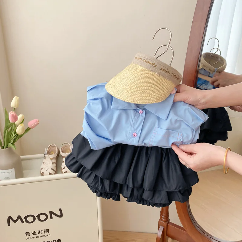 Girls' French Summer Fashion Fashionable Set Korean Edition Blue Bubble Sleeve Shirt and Flower Bud Pants Two Piece Set