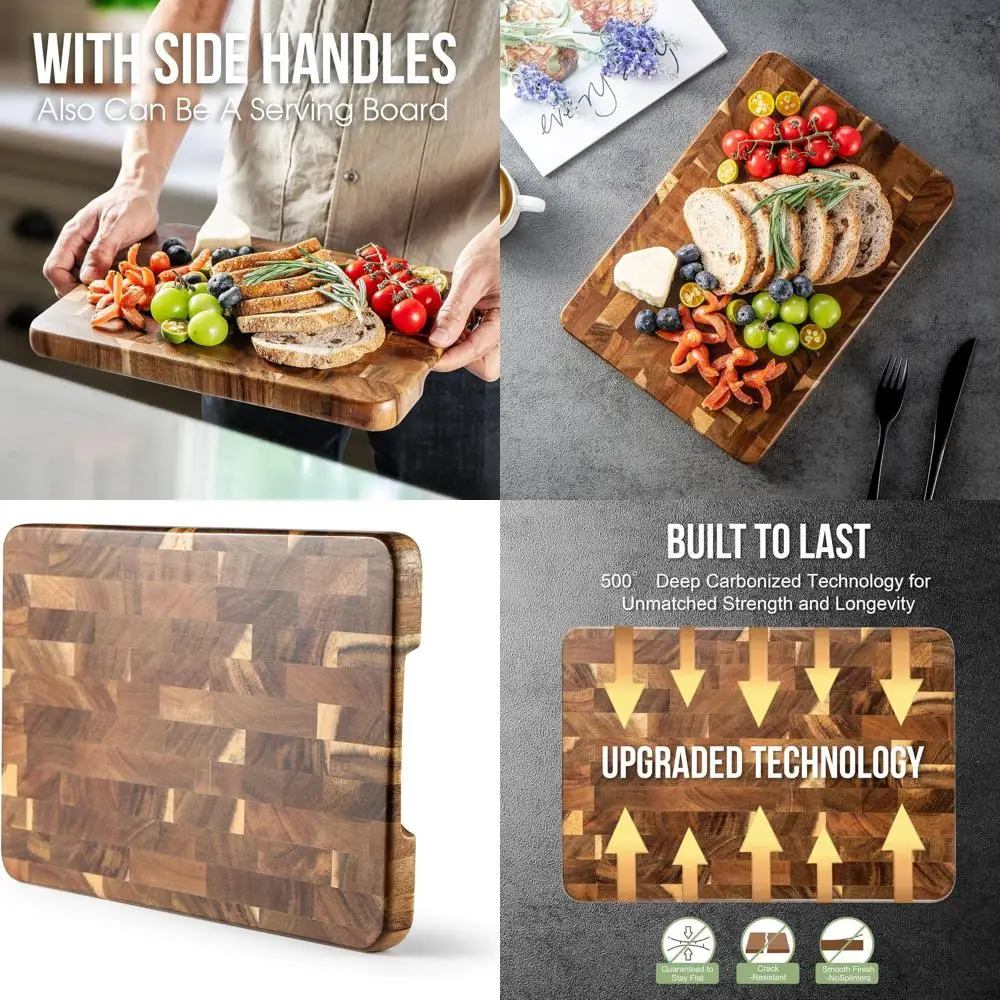 

Acacia Wood End Grain Chopping Board with Handles, 13x9x1 Inch Kitchen Cutting Board for Meat and Bread