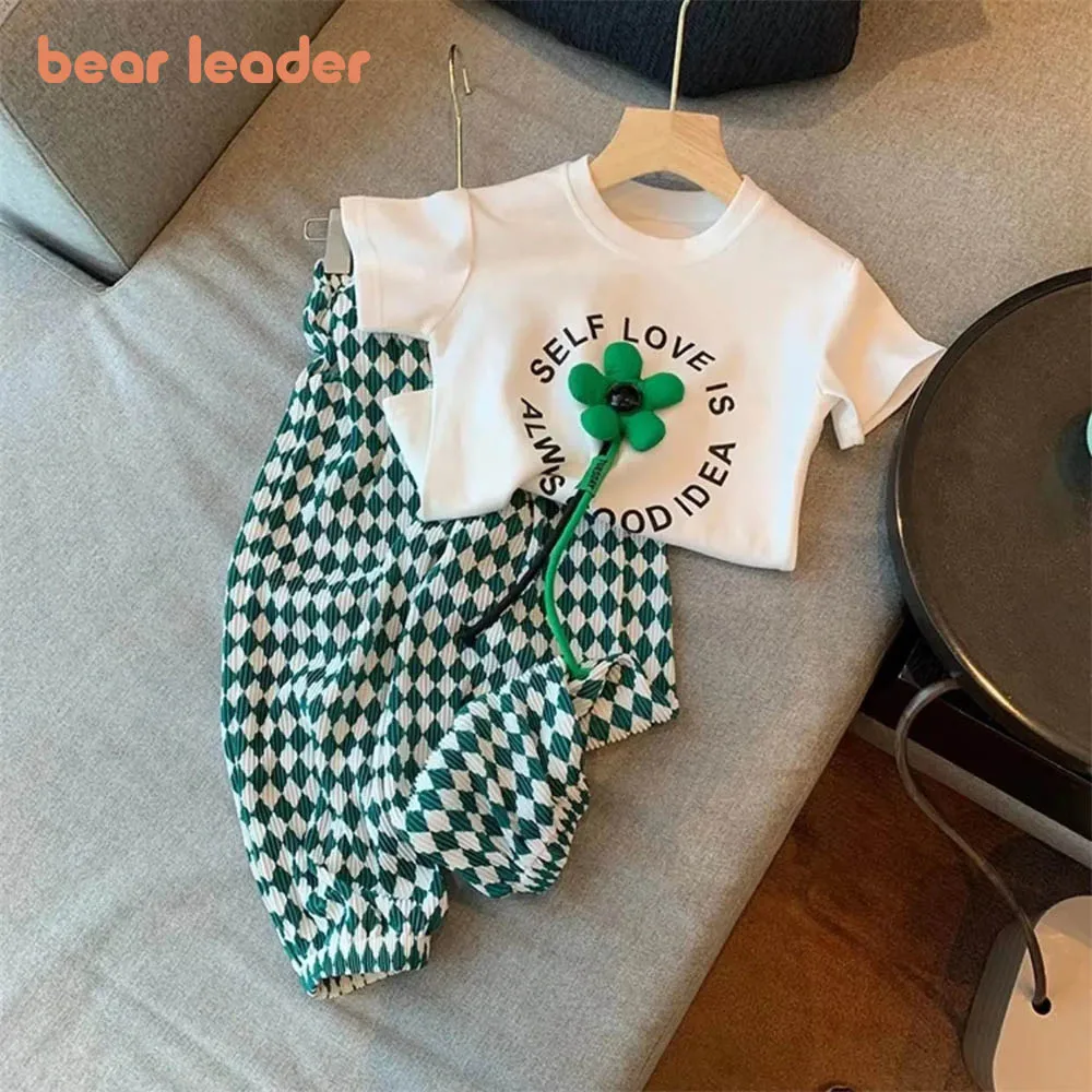 Bear Leader Little Girl Clothes Outfits 2023 New Summer Small Flower Round Neck Short Sleeve + Thin Mosquito Pants Two-piece Set