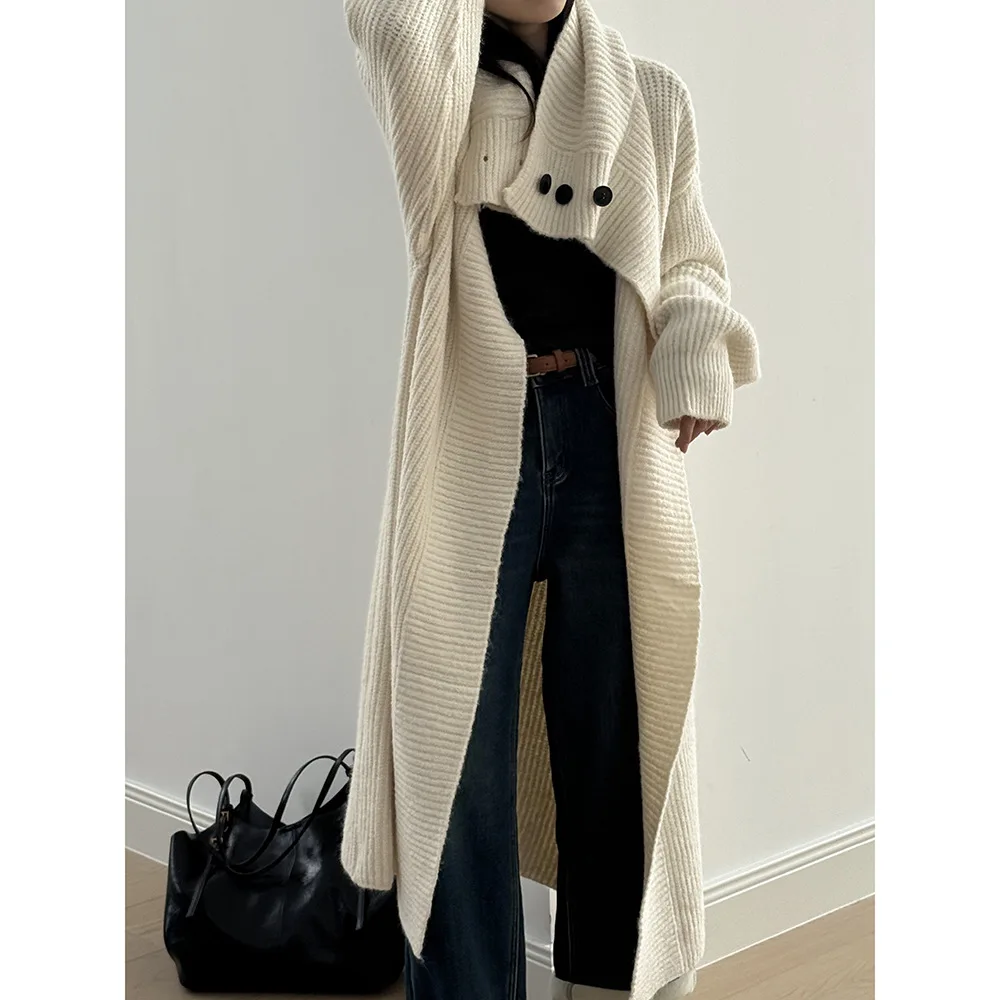 SuperAen Korean Style Oversize Turn-down Collar Long Knitted Cardigan for Women's 2025 Winter New Loose Solid-color Sweater Coat
