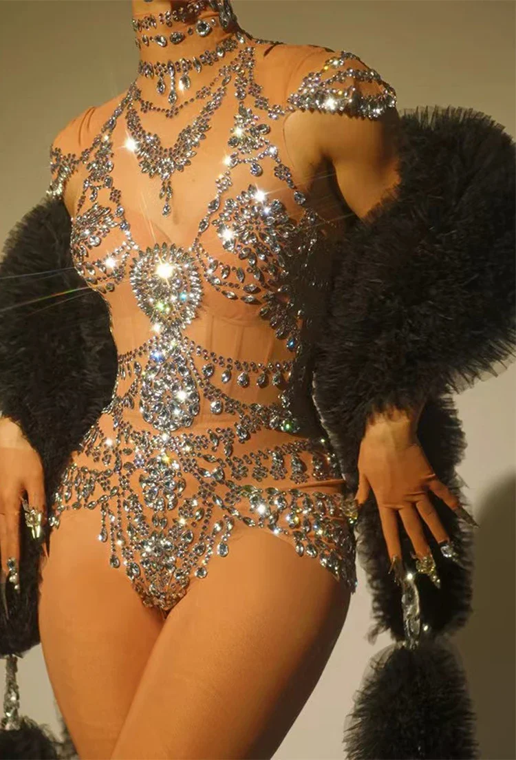 

sparkle rhinestones bodysuit and coat black perspectivity party nightclub birthday leotard pole dance stage drag queen costumes