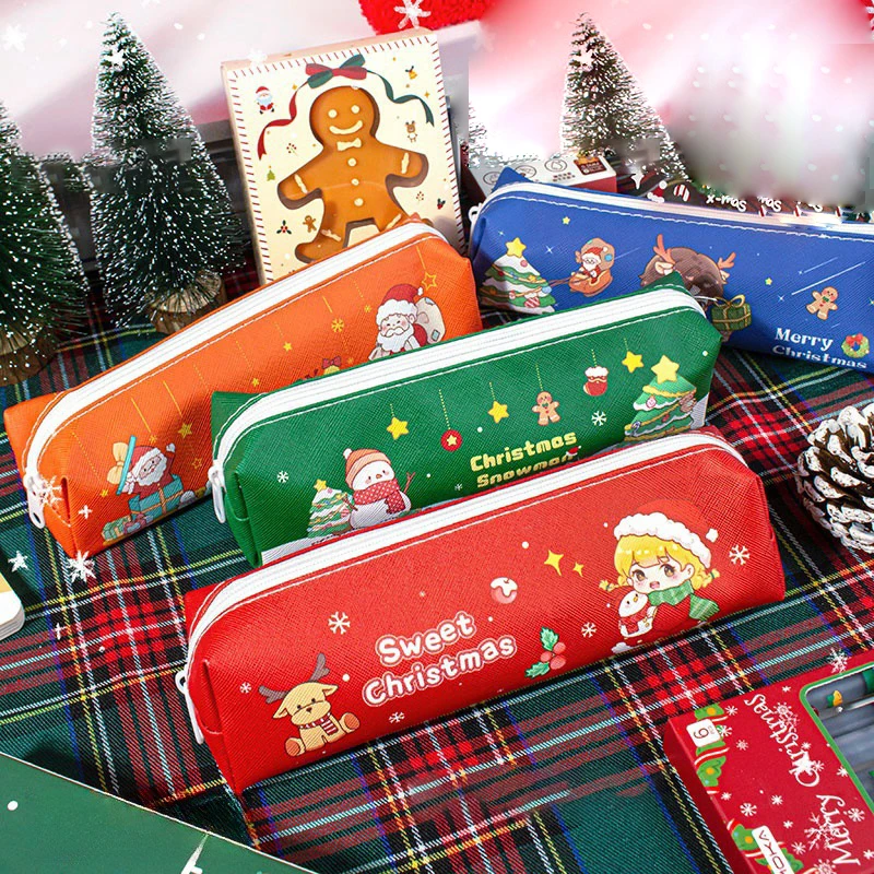 Christmas Cartoon PU Leather Pencil Bag Cute Christmas Gift Pencil Case School Stationery Storage Bag School Supplies