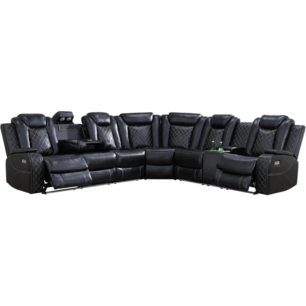 Air Leather Power Recliner Sectional with LED Lights,Reader Lights, Storage Consoles,Cup Holders USB Charging Port Sectional Set