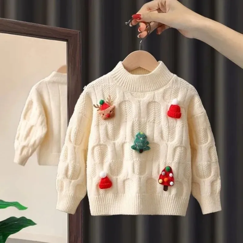 Girls\' Sweater Autumn/Winter 2024 New Latest Children\'s Winter Clothing Baby Red Christmas Knitted Top Bottom Shirt