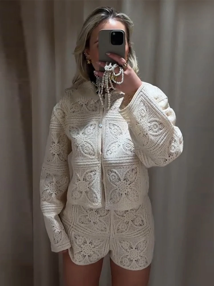 

Knitted Crocheted Women Shirt Top Shorts Set Sweater Hook Flower Hollow Out Lapel Blouse Commute Long Sleeved Jacket Cardigan