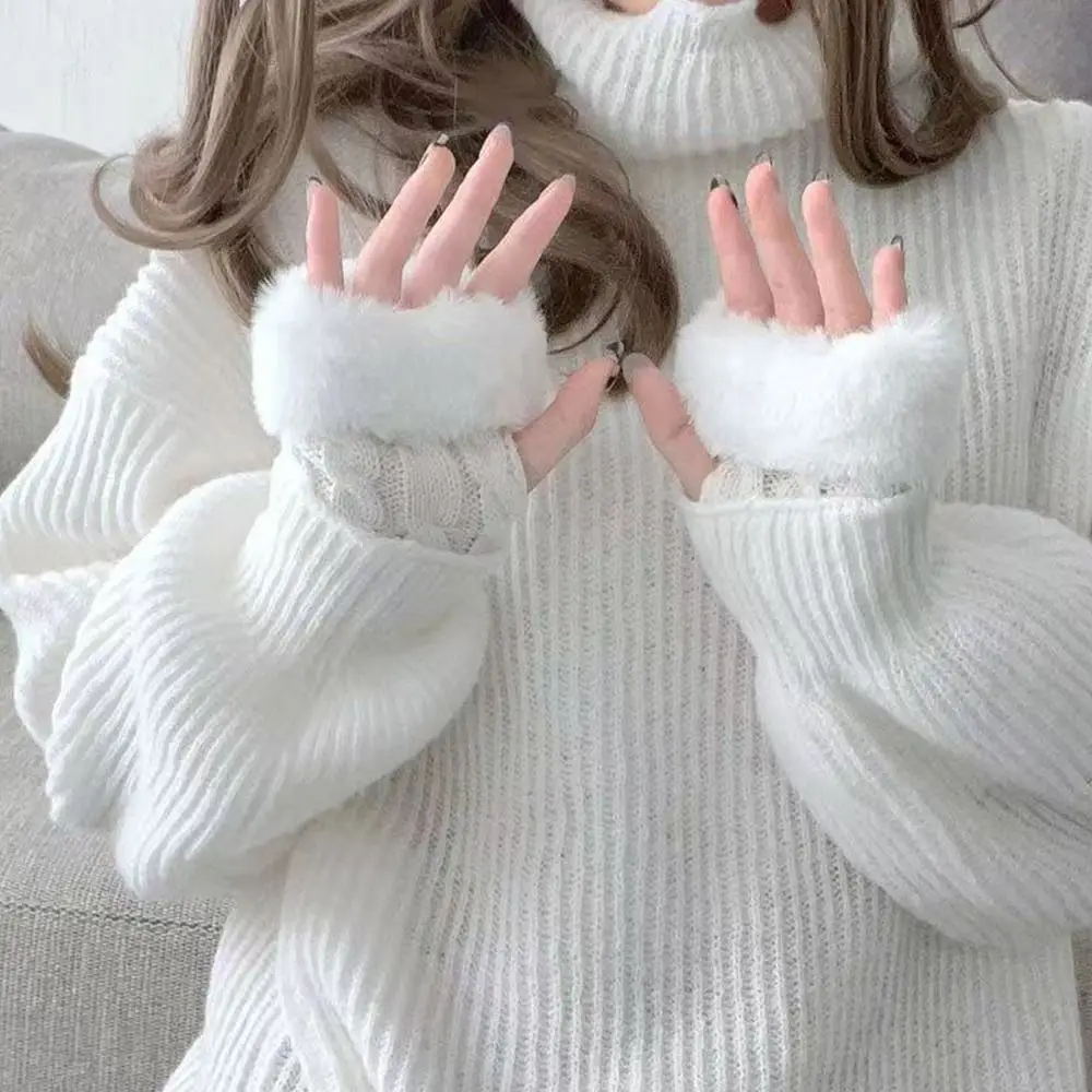 Thick Warm Fingerless Mittens Soft Twist Design Half Finger Gloves White Color Luxury Solid Knitted Gloves Girls Wear