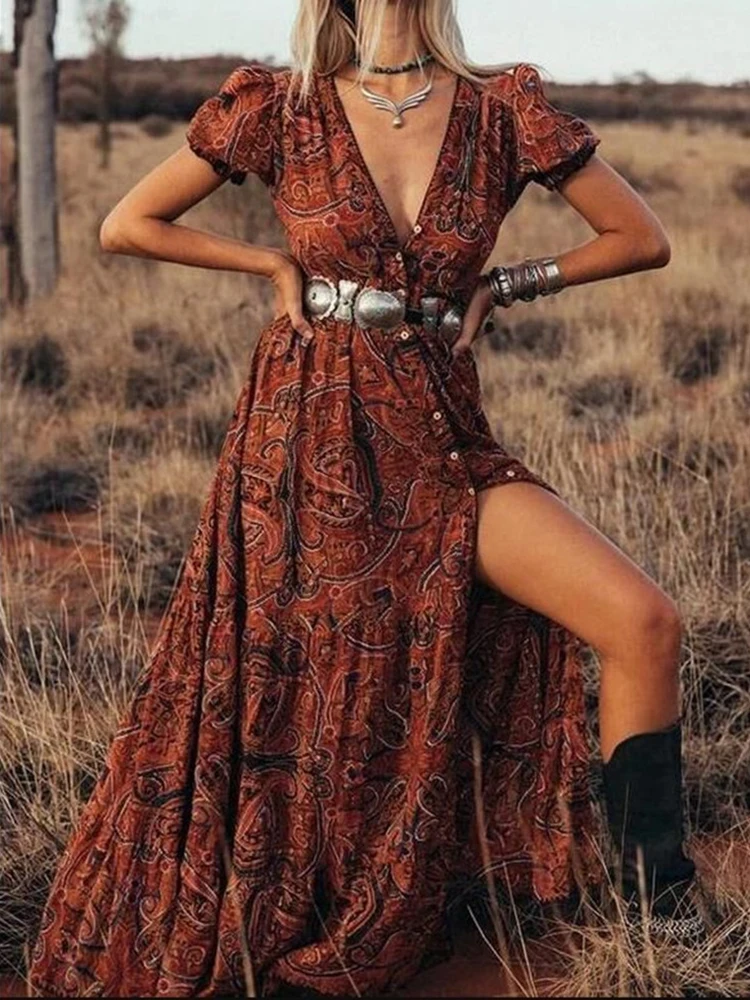 Abito Boho con stampa Vintage abito lungo Sexy con scollo a v abito estivo Casual da spiaggia prendisole allentato manica corta Maxi vestito Vestido