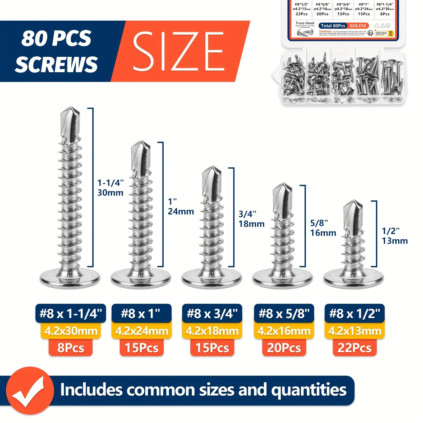 Modified Truss Head Sheet Metal Screws Assortment Kit 410 Stainless Steel Self Tapping Drilling Screws for Metal Plastic Wood