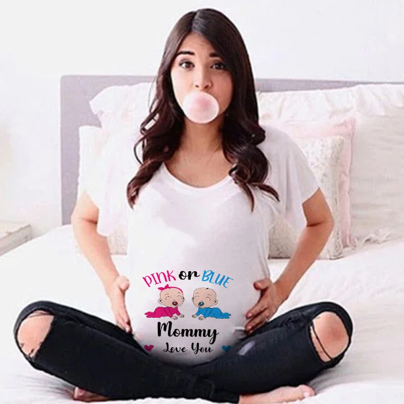 Pink or Bule Mommy Love You Printed Pregnant Clothes Maternity T Shirt Summer T-shirt Pregnancy Announcement Shirts New Mom Tops