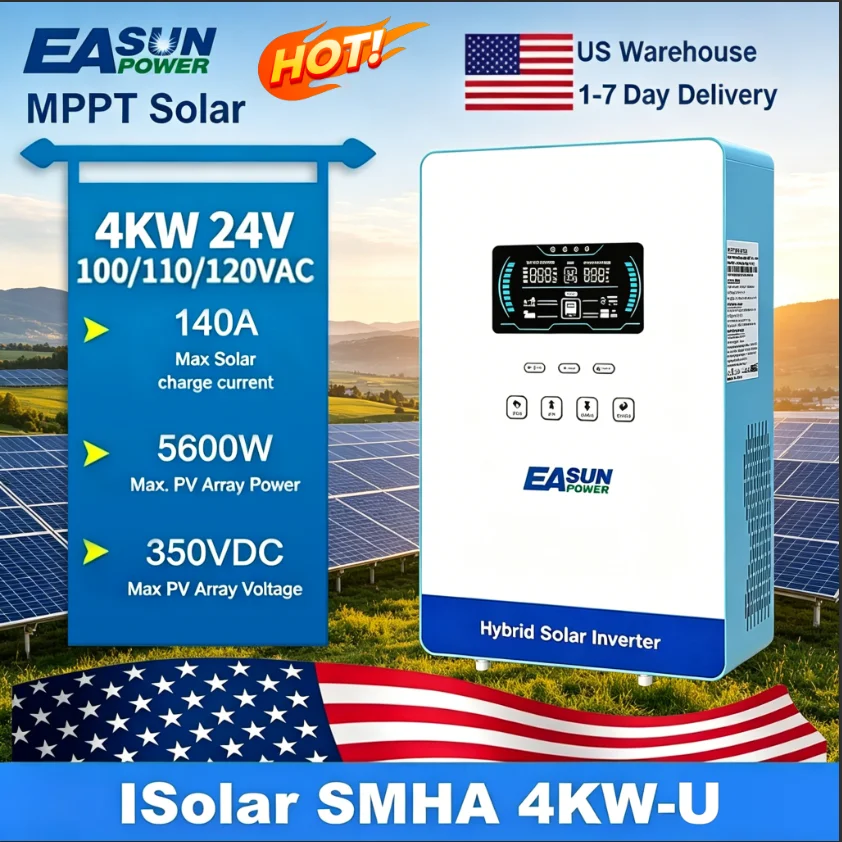 EASUN POWER Power Solar Inverter Off Grid 4KW 24v 110/120v Pure Sine Wave MPPT Solar Charger Power Home Inversor LCD Display Household US Warehouse Free Duty