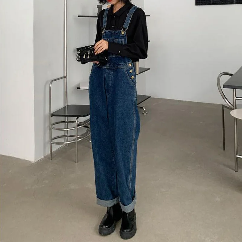 Jumpsuits Women Dark Blue Vintage Streetwear Harajuku Casual Fashion High Waist Loose Overalls Denim Suspenders Trousers