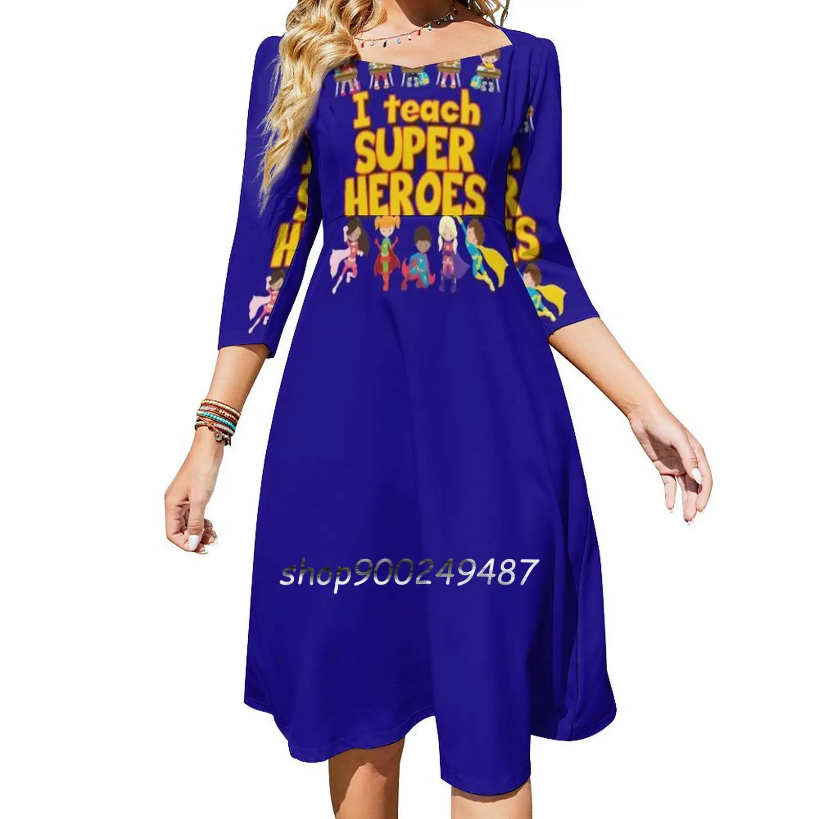 I Teach Super Heroes-Comic Book Hero Teacher-Teacher Sweet Elegant Dress Women Korean Kawaii Square Collar Dress Teacher For