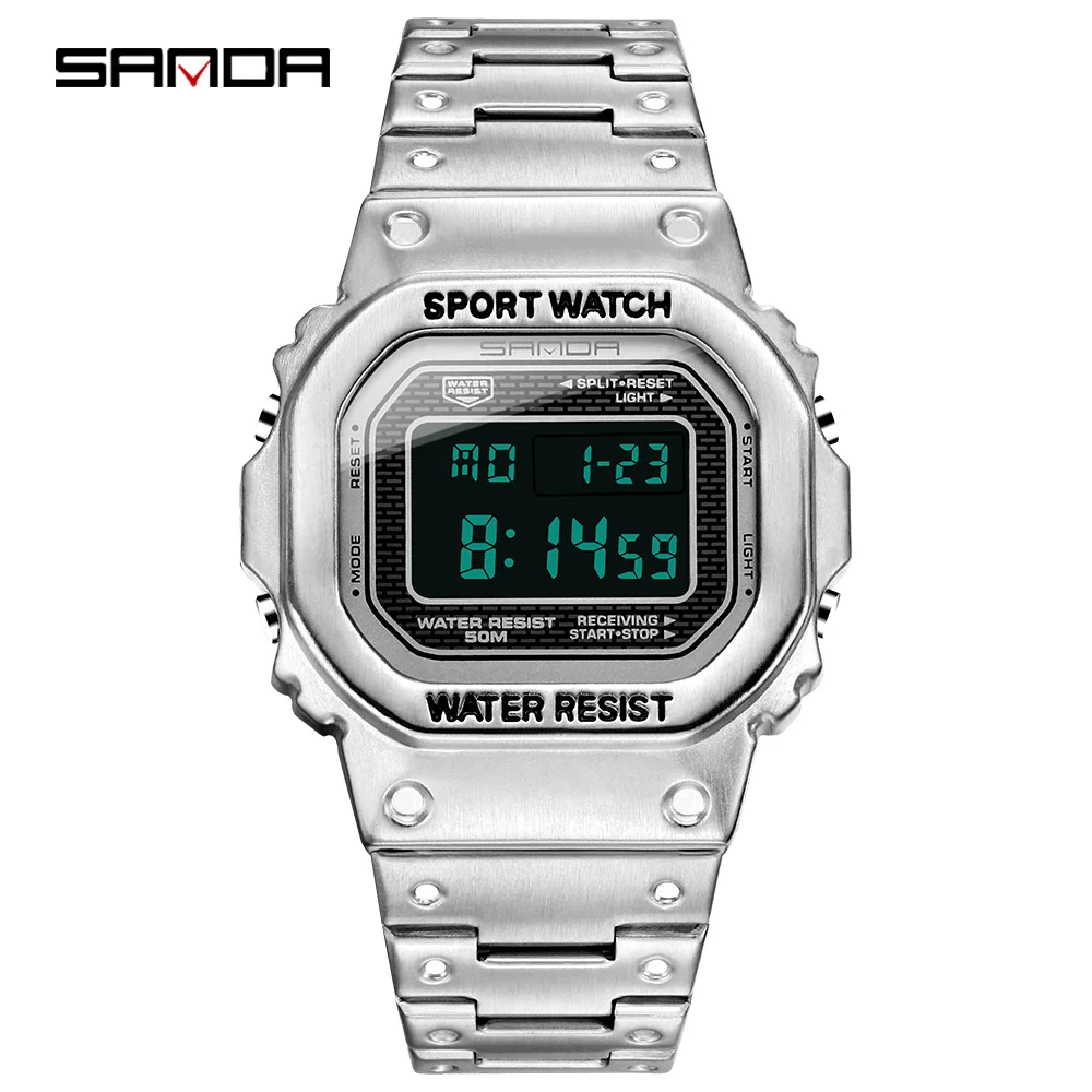 SANDA Top Brand Luxury Men\'s Watches LED Digital Sports Watch Casual Waterproof Wristwatch stainless steel Male Electronic Clock