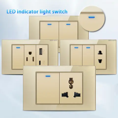 Interruptor de luz LED de pared estándar americano, Panel de vidrio templado, enchufe de pared de carga rápida USB tipo C de EE. UU. México, tipo dorado 118