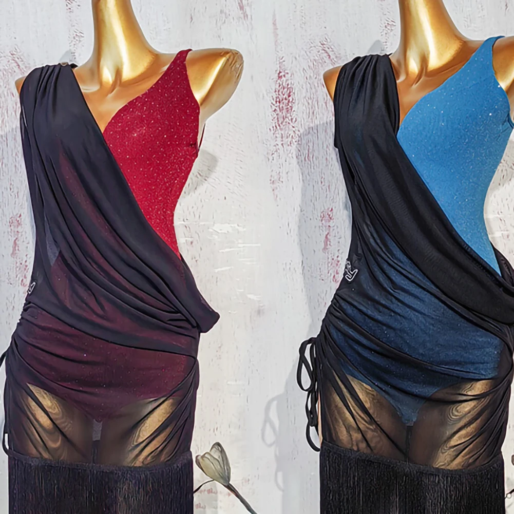 Top da ballo Samba Blue Abiti da pratica neri rossi da donna Abiti da ballo senza maniche Abiti da pratica per trapano per performance latine