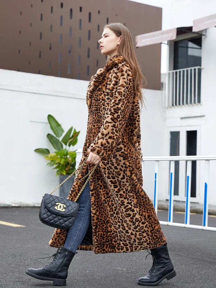 Winter Coat Women Long Faux Fur Coats Vintage Leopard Print Fur Jacket Warm Long Sleeve Cardigan Windproof Windbreaker Chic New