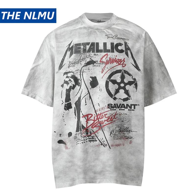 

2026 American Vintage Streetwear T-Shirt Men Dirty Washed Distressed Rock Short Sleeve Tee Loose Fit Casual Top