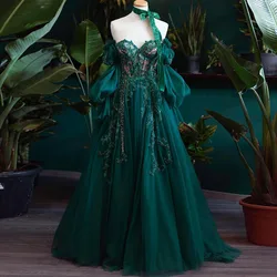 Sweetheart Dark Green Long Bubble Sleeve A-line Prom Dress Applique Floral Evening Dress Fairy Dress For Women Luxury Dream Gown