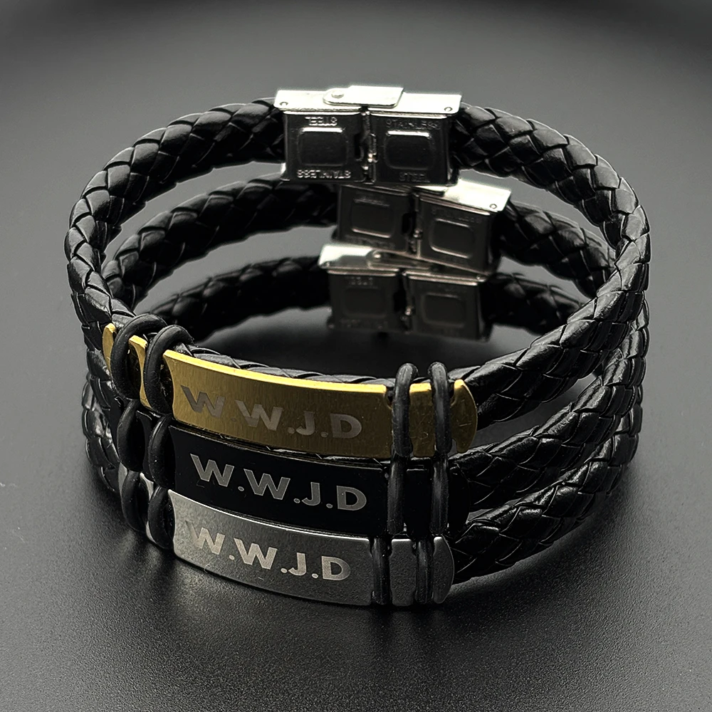 WWJD Armband aus PU-Leder für Männer, Glaubens-Punk-Armband für den Alltag und die Kirche, Schwarz, Was Würde Jesus Tun, Religiöses Amulett, Handschmuck-Accessoire – Detail 5