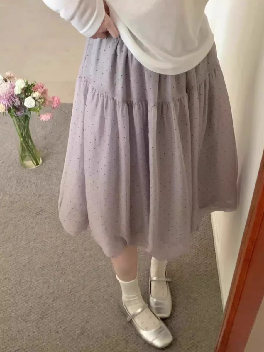 Sweet Polka Dot Bloomer Half Skirt Women's High Waist A-Line Polyester Fiber Printed Loose Fit Summer 2026 Midi Skirt