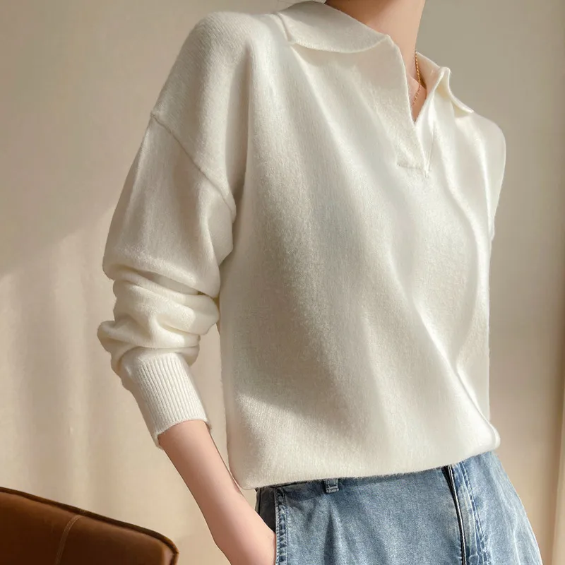 Spring And Autumn New Women\'s Polo Fashion Knitted Pullover Sweater Retro Luxury Design Casual Versatile Solid Color Chic Top