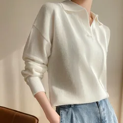 Spring And Autumn New Women's Polo Fashion Knitted Pullover Sweater Retro Luxury Design Casual Versatile Solid Color Chic Top