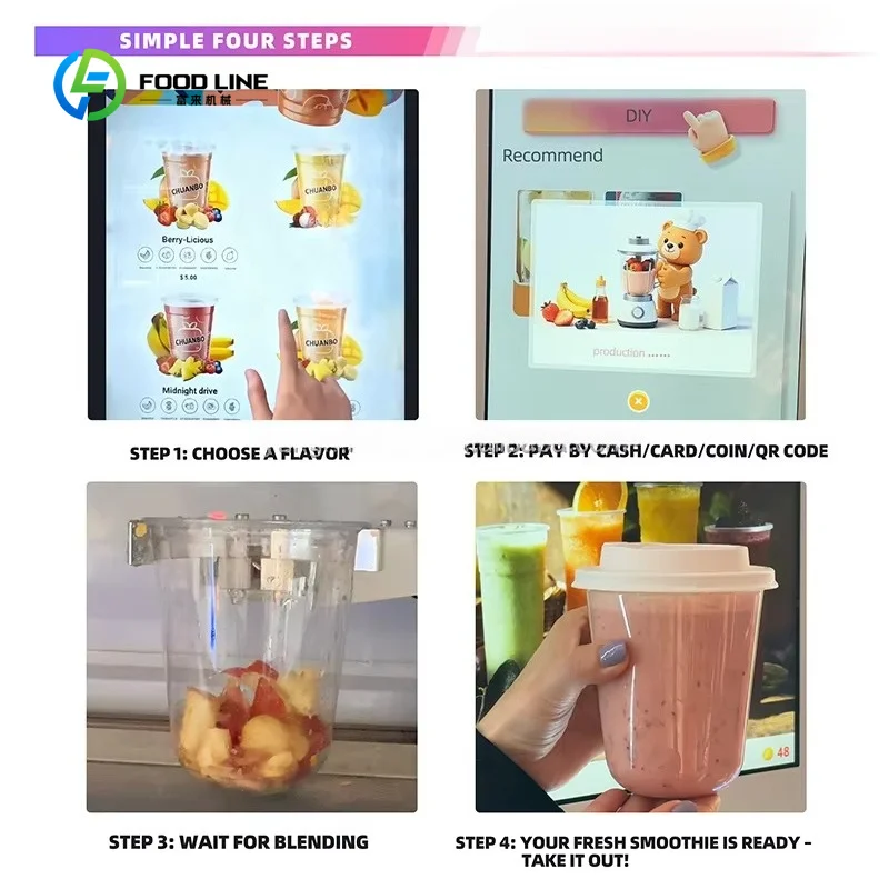 Customized Compressor refrigeration 4G LTE network-connected coin-payment fully automatic smoothie self-service vending machine