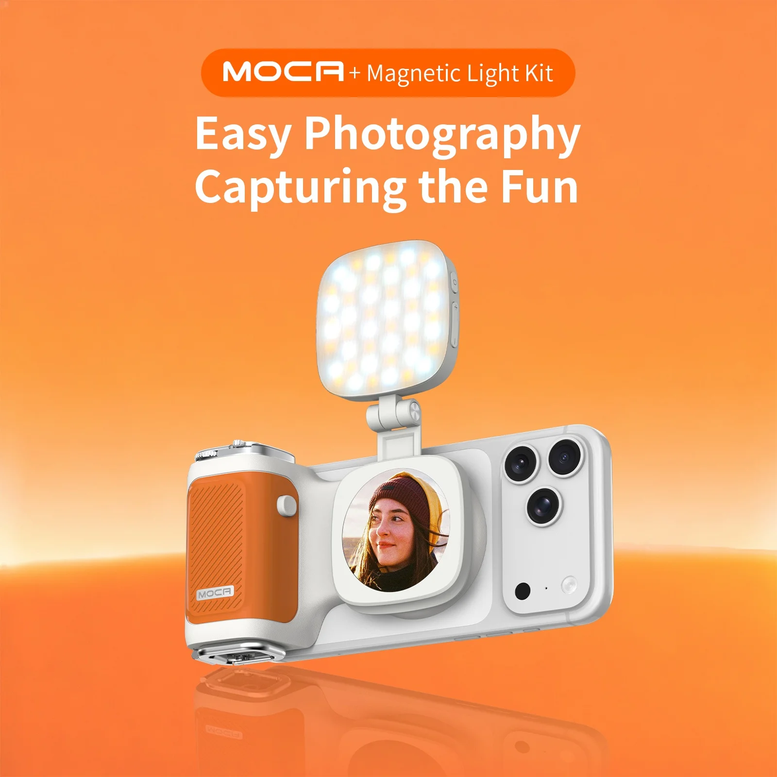 مساعد كاميرا iPhone COMITOK MOCA، قبضة مصراع قابلة للطي بعدسة نقرة واحدة/جهاز تحكم عن بعد للشحن قابل للفصل + ضوء ملء اختياري/مرآة